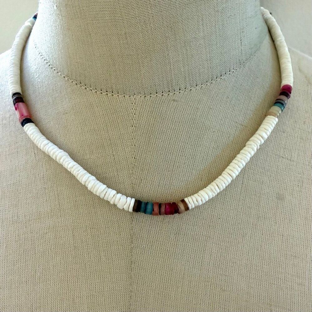 Natural Shell Heishi Necklace with Dyed Shell Accents